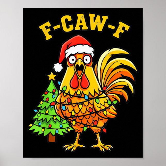 Póster Funny Christmas Chicken Lights Santa Hat F-caw-f  (Frente)