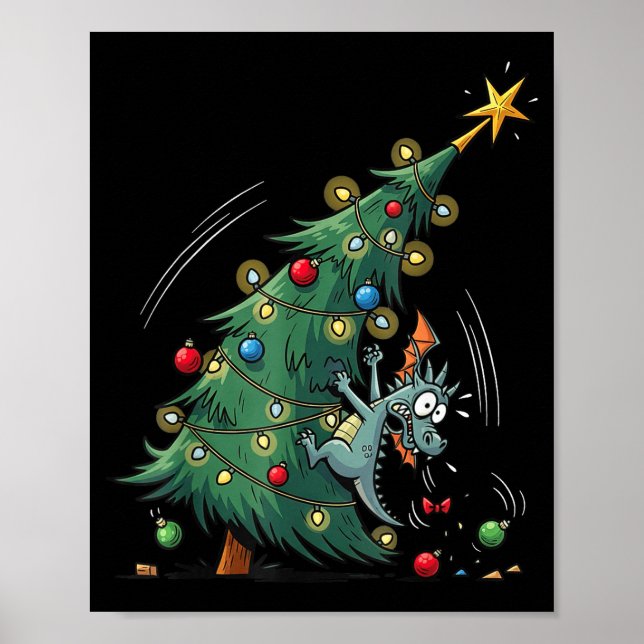 Póster Funny Christmas Dragon Wrecking The Tree Holiday P (Frente)