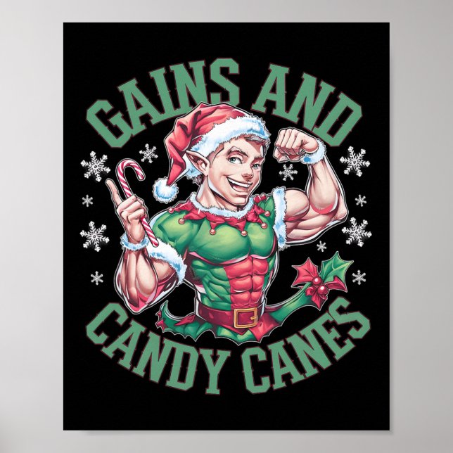 Póster Funny Christmas Elf Gym Workout Gains And Candy Ca (Frente)
