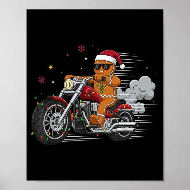 Póster Funny Christmas Gingerbread Man Biker Riding A Mot (Frente)