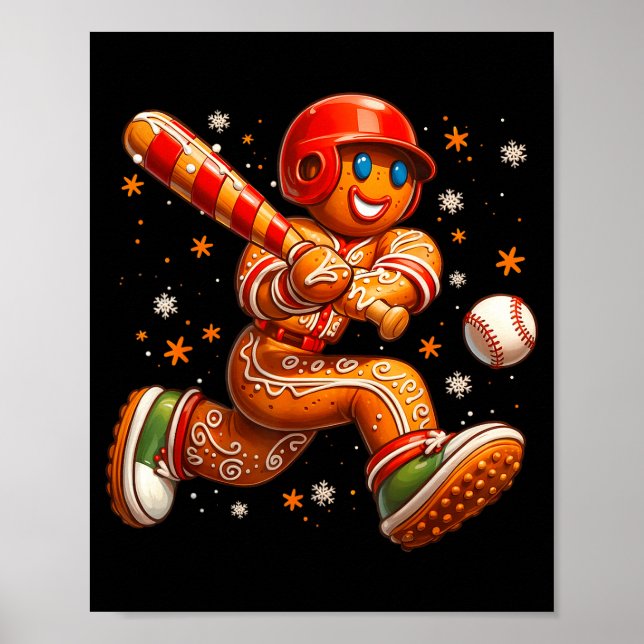 Póster Funny Christmas Gingerbread Man Playing Baseball C (Frente)