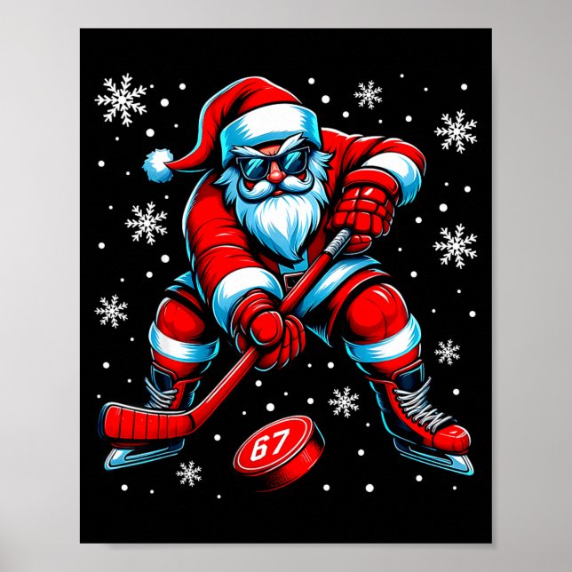 Póster Funny Christmas Hockey Cool Santa Claus 6 7 Meme T (Frente)