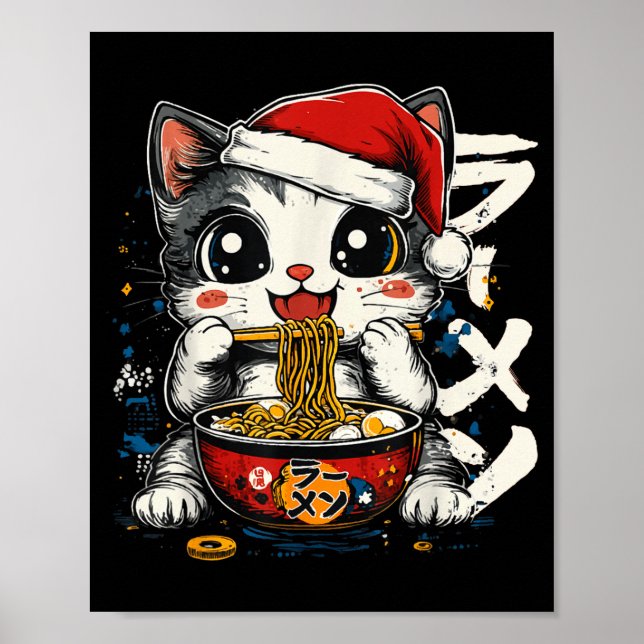 Póster Funny Christmas Santa Cat Ramen Japanese Kawaii An (Frente)