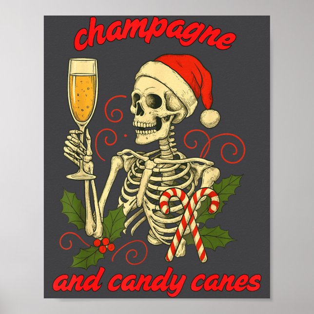 Póster Funny Christmas Skeleton Champagne And Candy Canes (Frente)