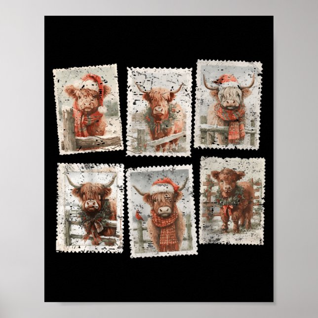 Póster Funny Christmas Stamp Highland Cow Lover Merry Xma (Frente)