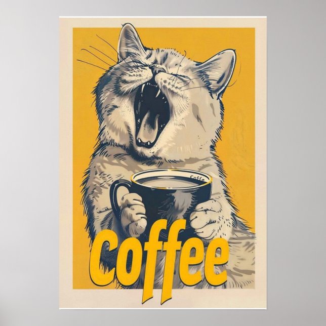 Póster Funny Coffee Cat Illustration – Yawning Cat Coffee (Frente)