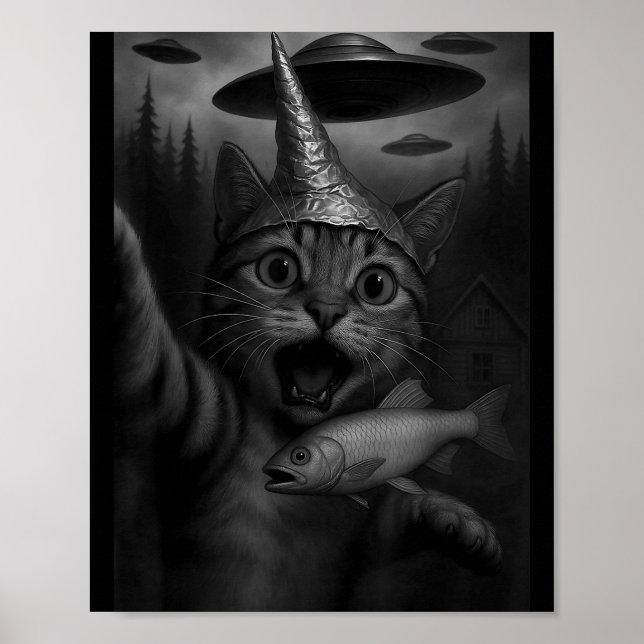Póster Funny Consracy Cat In Tin Foil Hat Panics At Alien (Frente)