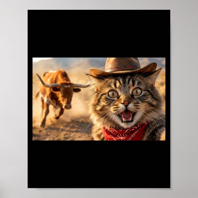 Póster Funny Cowboy Cat Selfie With Charging Bull Western (Frente)