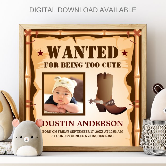 Póster Funny Cowboy Photo Wanted Baby Birth Stats (Subido por el creador)