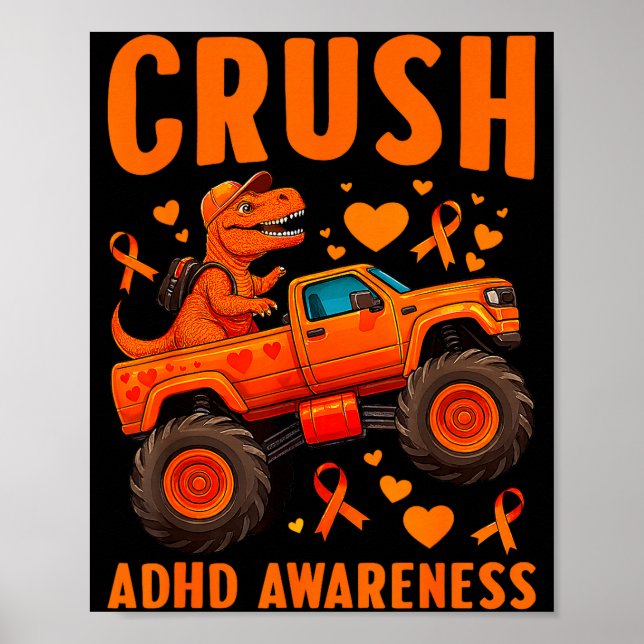 Póster Funny Crush Adhd Awareness T-rex Monster Truck Kid (Frente)