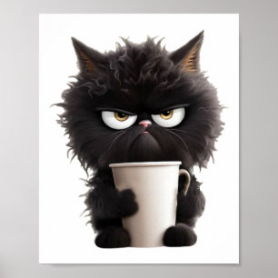 Póster Funny Cute Black Cat Coffee Angry