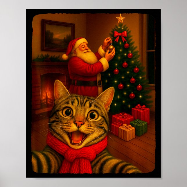 Póster Funny Cute Cat Selfie With Santa Christmas Xmas Wo (Frente)