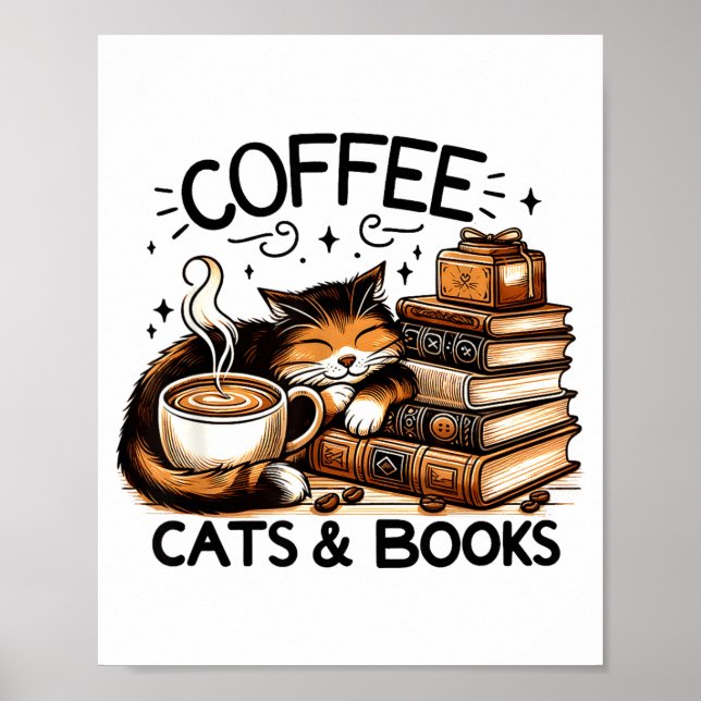 Póster Funny Cute Coffee Cats Books Lover Women Men Kids  (Frente)