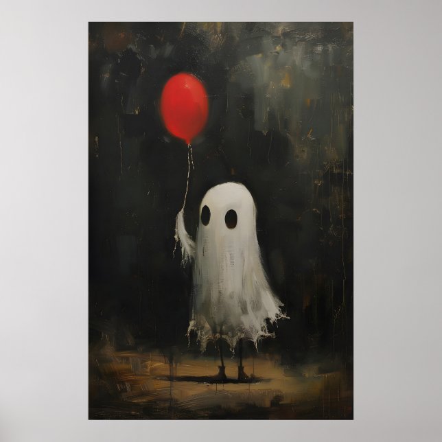 Póster Funny Cute Ghost Holding Red Balloon, Vintage (Frente)