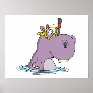 Póster funny cute snorkeling swimming hippo