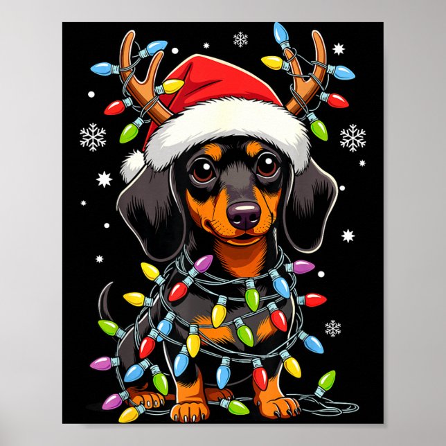 Póster Funny Dachshund Christmas Lights Santa Hat Xmas  (Frente)