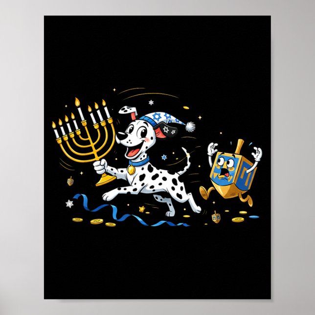 Póster Funny Dalmatian Dreidel Menorah Hanukkah Kids Wome (Frente)