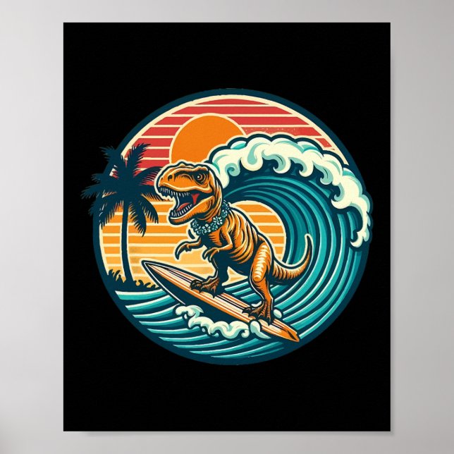 Póster Funny Dinosaur Surfboard Beach Summer Surfing Trex (Frente)