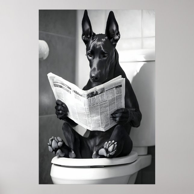 Póster Funny Doberman Bathroom Print, Dog Reading (Frente)
