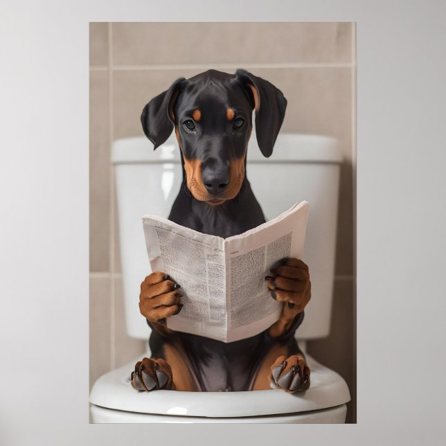Póster Funny Doberman Bathroom Print, Reading Newspaper (Frente)
