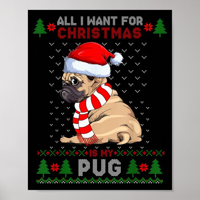 Póster Funny Dog Lovers Cute Pug Santa Hat Ugly Christmas (Frente)