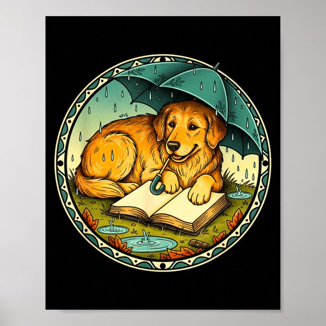 Póster Funny Dog Reading Book Rain Cozy Umbrella Cute Art (Frente)