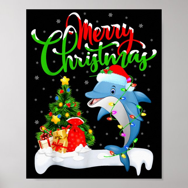 Póster Funny Dolphin Fish Lover Xmas Lighting Dolphin Chr (Frente)