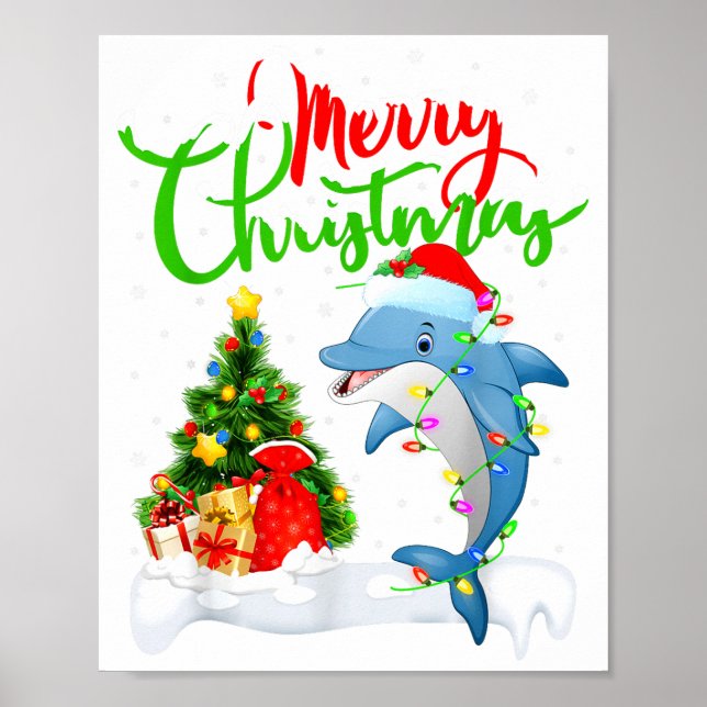 Póster Funny Dolphin Fish Lover Xmas Lighting Dolphin Chr (Frente)