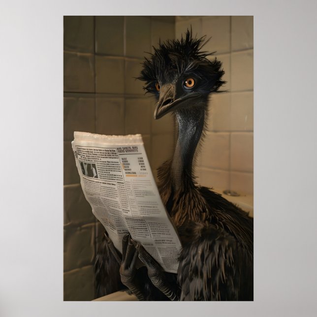 Póster Funny Emu Bathroom Print, Newspaper Reading Animal (Frente)