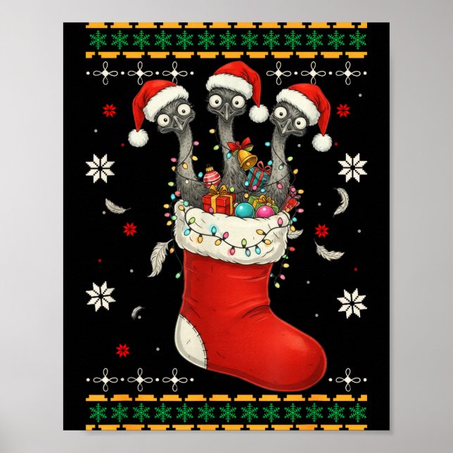 Póster Funny Emu Bird In Xmas Socks Lights Christmas  (Frente)