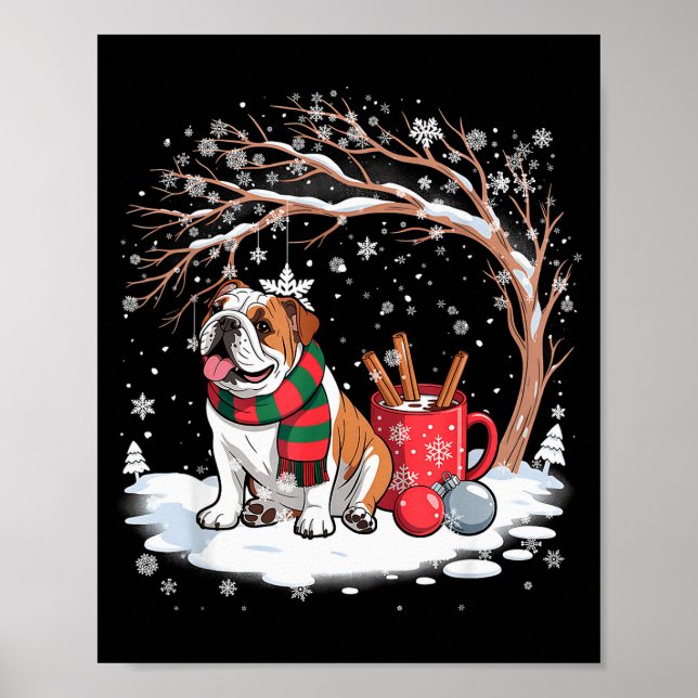 Póster Funny English Bulldog In The Snow Tree Christmas W (Frente)