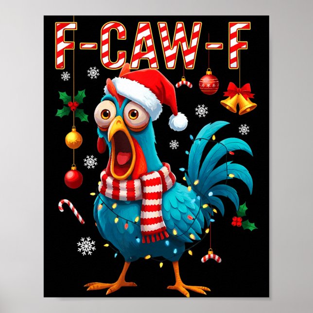 Póster Funny F-caw-f Christmas Chicken Xmas Lights Santa  (Frente)