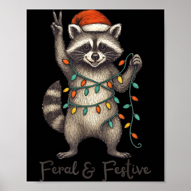 Póster Funny Feral And Festive Raccoon Santa Hat Retro Ch (Frente)
