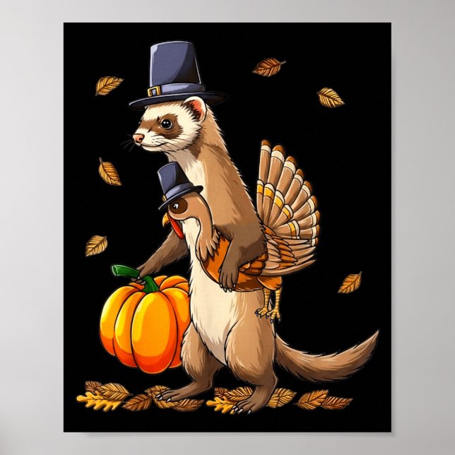 Póster Funny Ferret Turkey Pumpkin Thanksgiving Gift Men  (Frente)