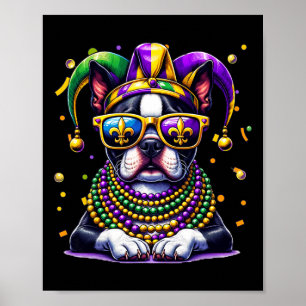 Póster Funny Festival Mardi Gras Bead Boston Terrier Dog