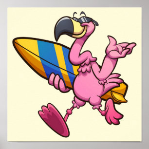Póster Funny Flamingo con Surf Board