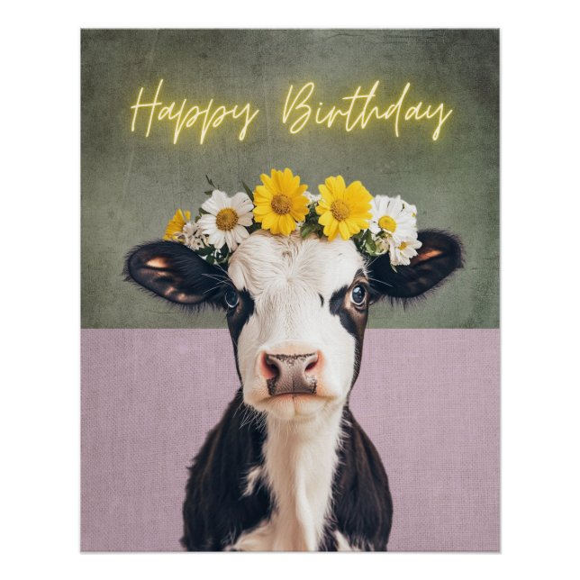 Póster Funny Flower Cow Cumpleaños (Anverso)