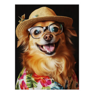 Póster Funny Fluffy Dog with Hat, Glasses & Hawaiian Shir