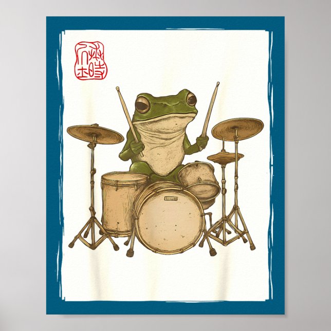 Póster Funny Frog Drum Rock Music Kawaii Japanese  (Frente)
