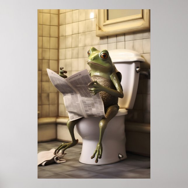 Póster Funny Frog Toilet Print, Newspaper Reading Animal (Frente)