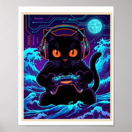 Póster Funny Gamer Cat Neon Cyber Gaming Night Retro Art
