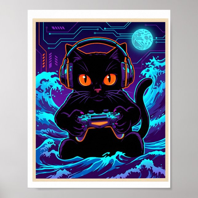 Póster Funny Gamer Cat Neon Cyber Gaming Night Retro Art (Frente)