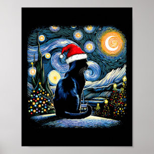 Póster Funny Gato Negro Santa Hat Navidades Noche Merry C