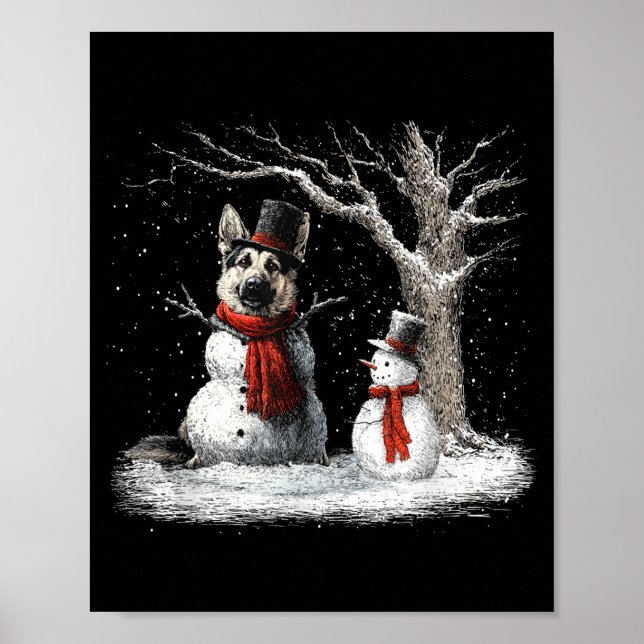 Póster Funny German Shepherd Dog In The Snow Tree Christm (Frente)