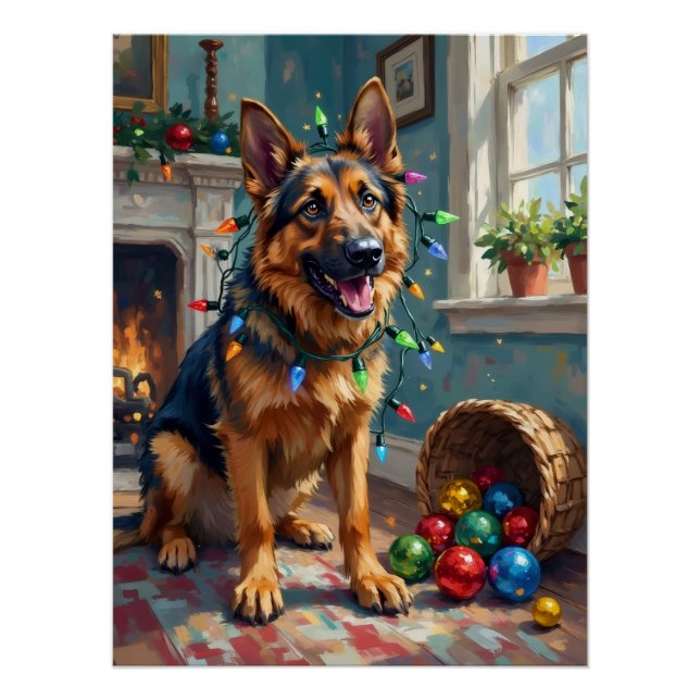 Póster Funny German Shepherd Tangled in Christmas Lights (Anverso)