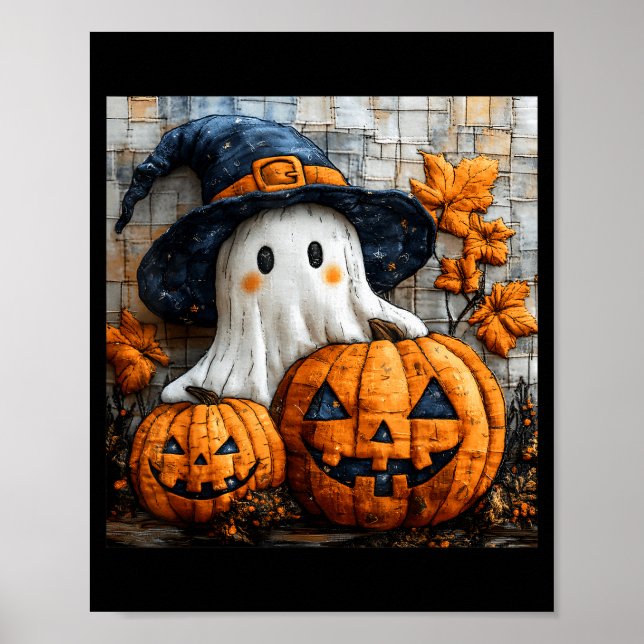 Póster Funny Ghost Pumpkin Cute Halloween Patchwork Art  (Frente)