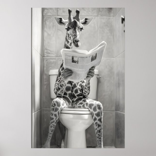 Póster Funny Giraffe Bathroom Print, Reading Newspaper (Frente)