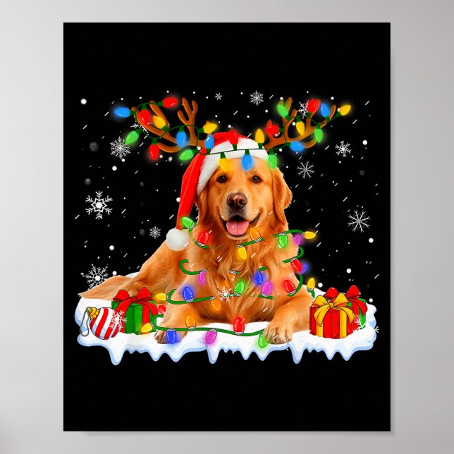 Póster Funny Golden Retriever Christmas Santa Hat Reindee (Frente)