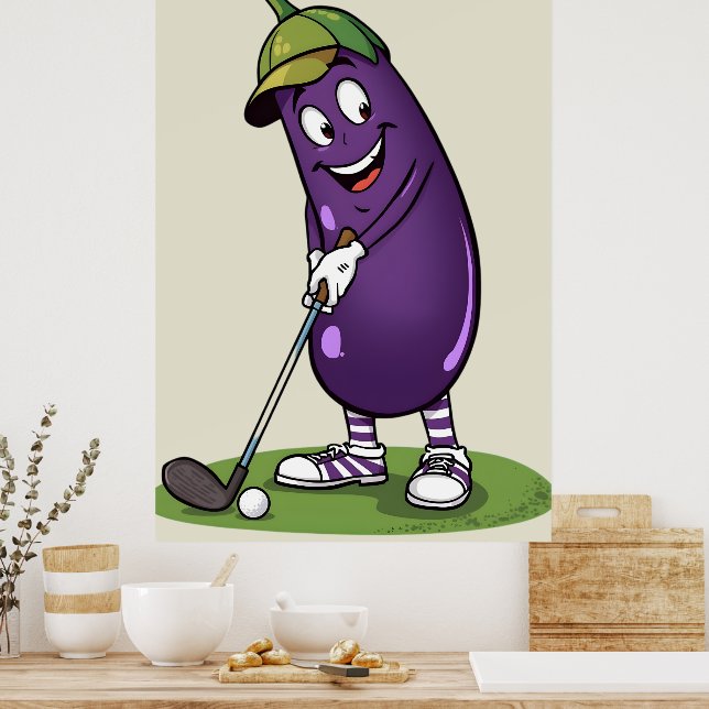 Póster Funny Golf Eggplant Character: Cartoon Golfer Vege (Cocina)