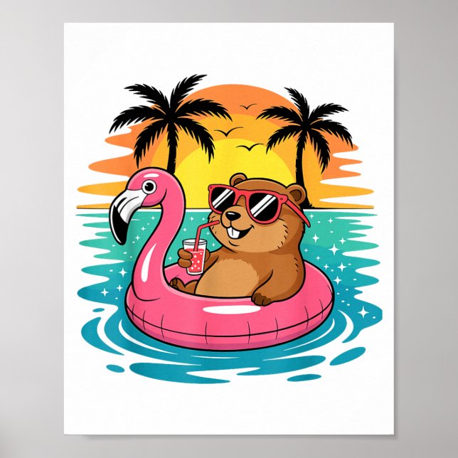 Póster Funny Groundhog Hawaiian Flamingo Float Beach Summ (Frente)